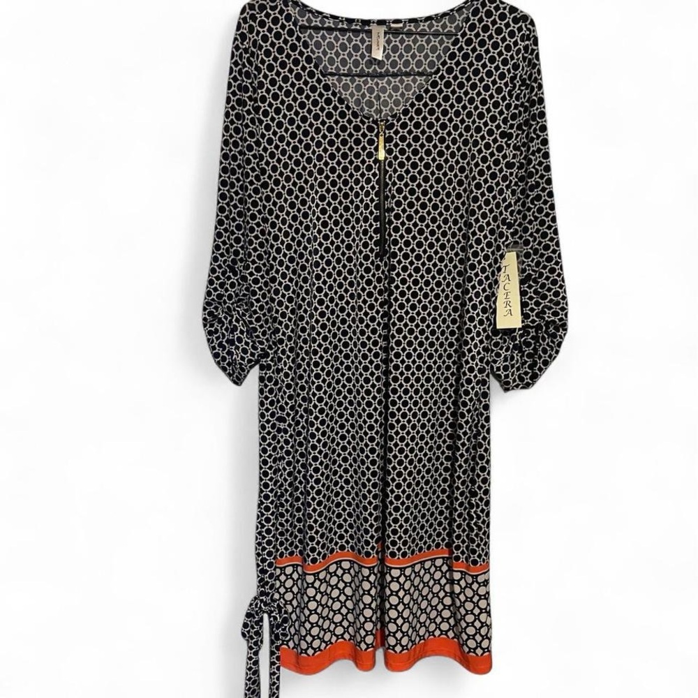 Tacera Black and Orange Geometric Long Sleeve Dress
